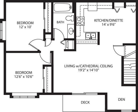 Floor Plan - Rivershire - 2 Bed, 1 Bath + Den Upper