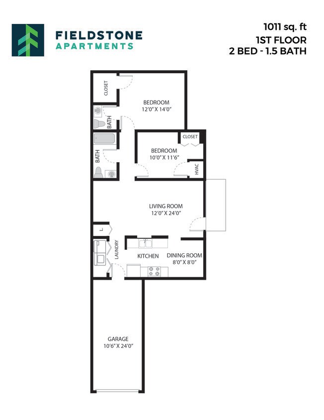 Floor Plan - 2 Bed, 1.5 Bath - 1,011 sq ft
