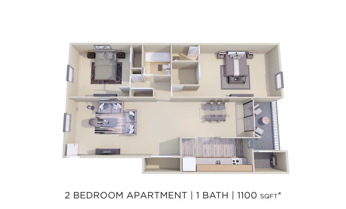 Floor Plan - Two Bedroom 1.5 Bath - 1,100 sqft