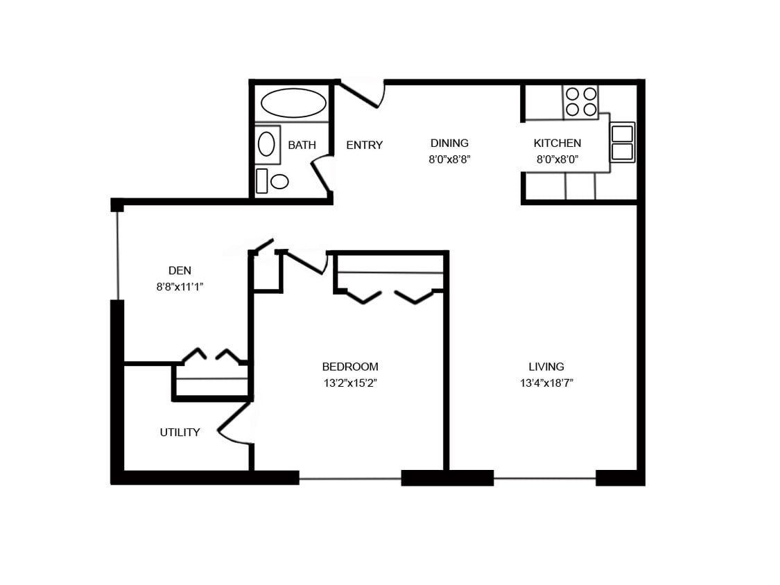 Floor Plan - 1 Bed, 1 Bath + Den Lower (E)