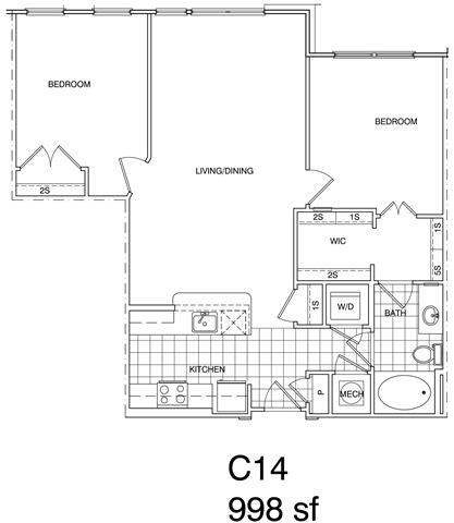 Floor Plan - 2 Bedroom, 1 Bath 998 SF KC14