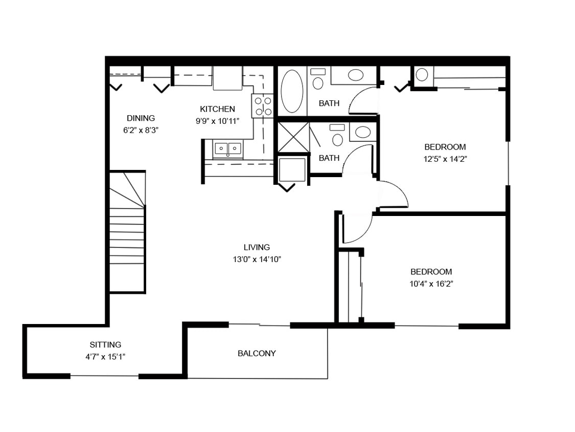 Floor Plan - 2 Bed, 2 Bath Upper + Sitting Rm (C1)