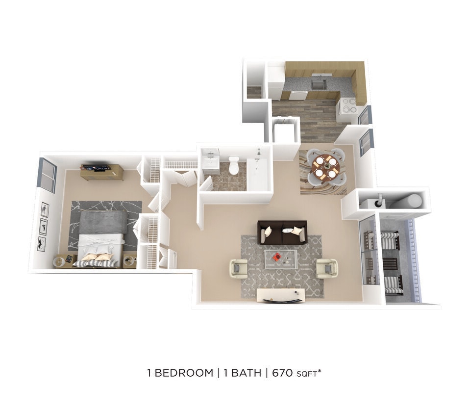 Floor Plan - One Bedroom - 670 sqft
