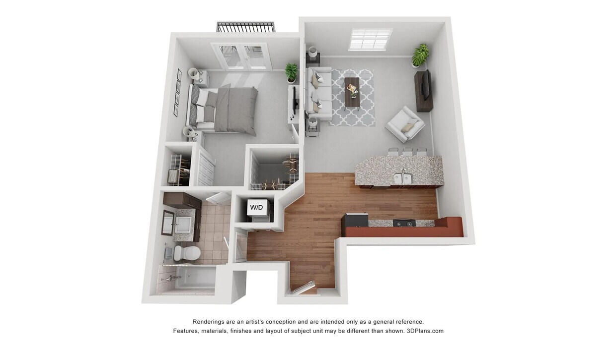 The Palmer floorplan offers one bed, one bath. - The Palmer