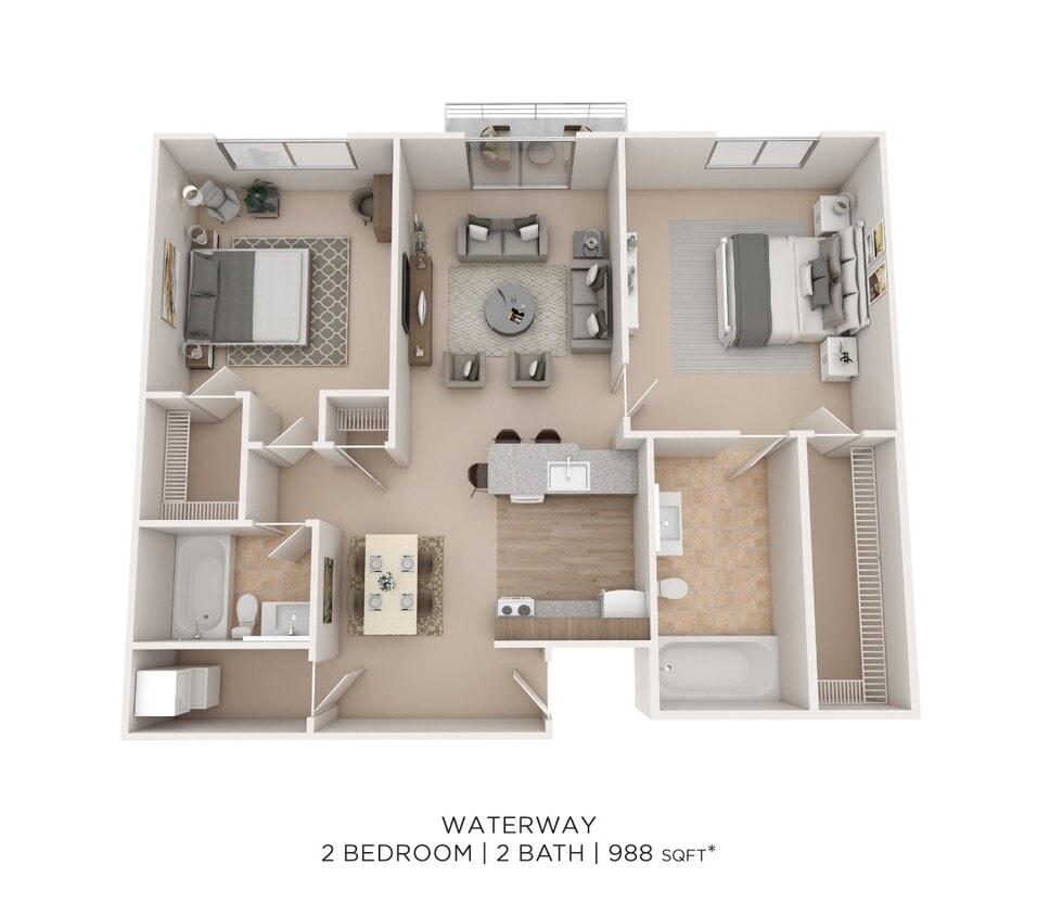 Floor Plan - Two Bedroom 2 Bath - 988 sqft