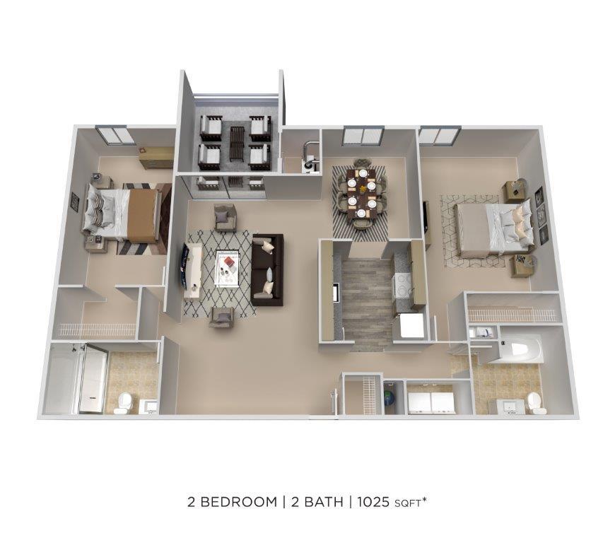 Floor Plan - Two Bedroom 2 Bath - 1,025 sqft