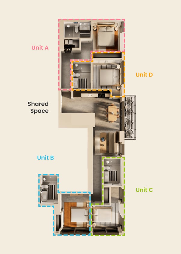 Floor Plan - North Shore 4 - Single Bedroom, Shared Apt