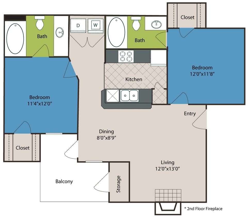 B1 Floor Plan - 2 bedroom 2 bathroom 900 sq ft