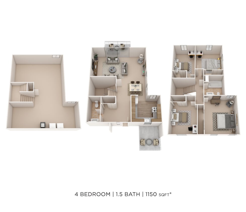 Floor Plan - Four Bedroom 1.5 Bath Townhome
