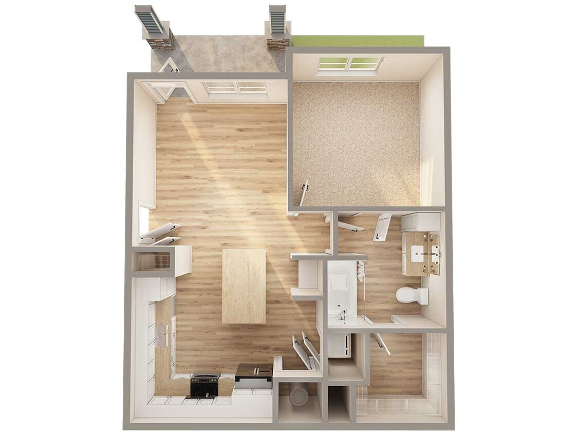 Discover the charm of this modern apartment with a cozy carpeted bedroom and open living space. - A2