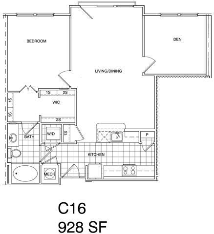 Floor Plan - 2 Bedroom, 1 Bath 928 SF C16