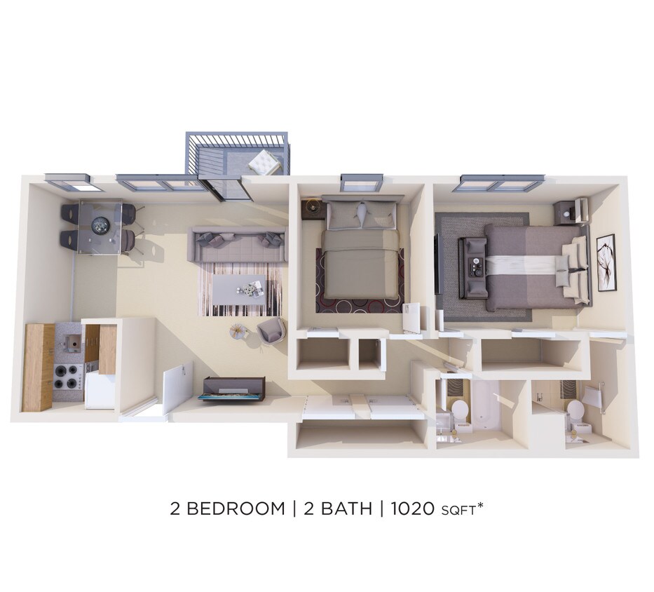 Floor Plan - Two Bedroom 2 Bath - 1,020 sqft
