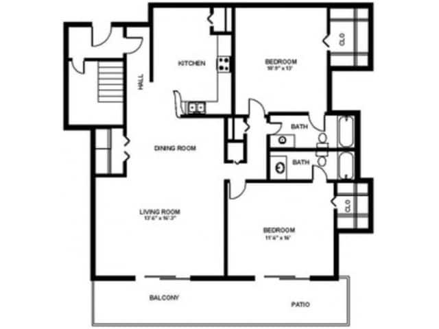 2 Bedroom 2 Bath - 1090 sf - Two Bedroom E