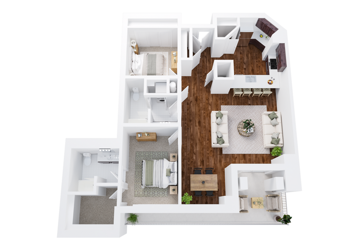 Two-Bedroom, One and A Half Bathroom with Balcony Floor Plan Rendering - 2x1.5 Balcony