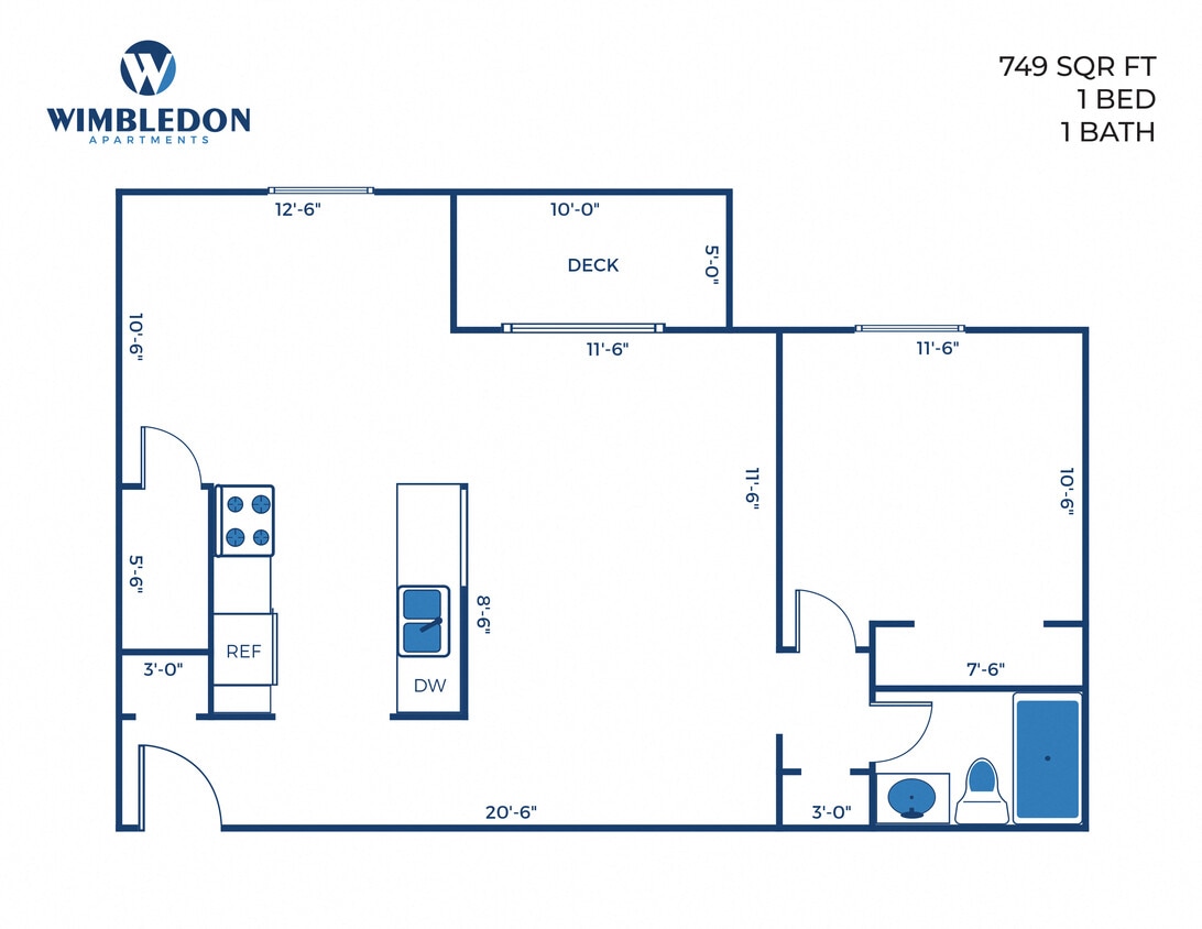 Floor Plan - 1 Bed, 1 Bath - 749 sq ft