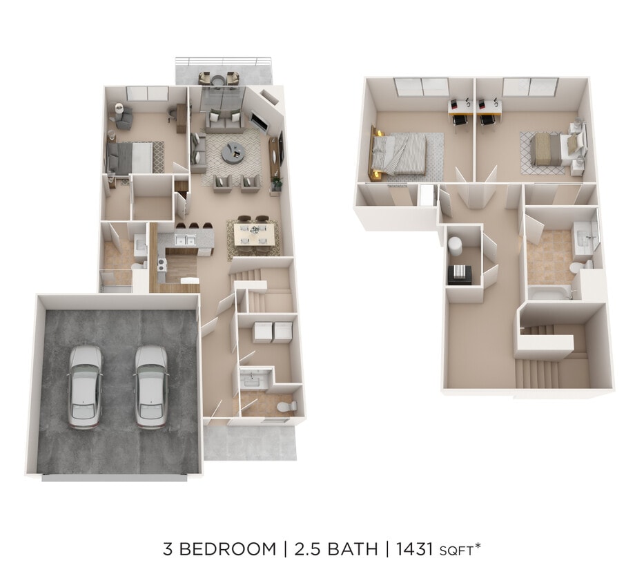 Floor Plan - Three Bedroom 2.5 Bath Townhome - 1,431 sqft