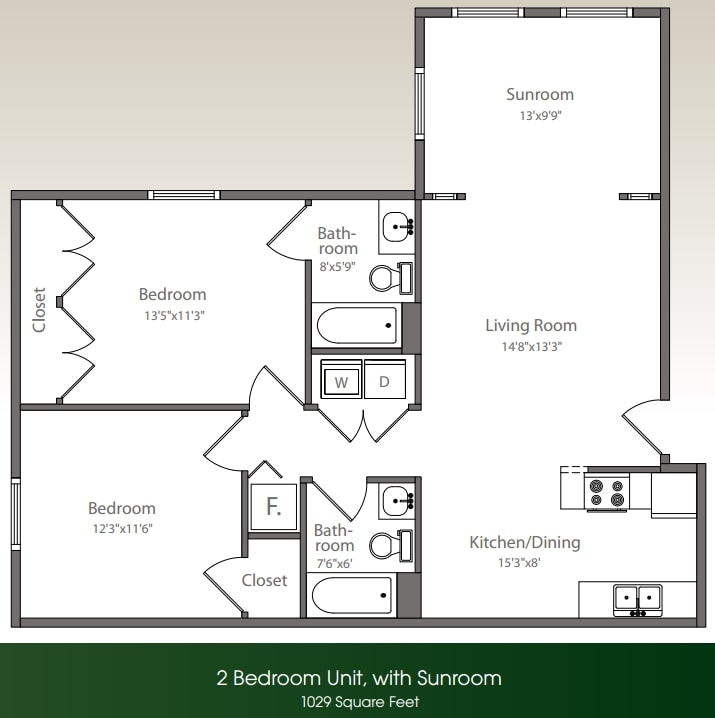 2BR/2BA w/Sunroom sqft 1029 - 2x2-1029