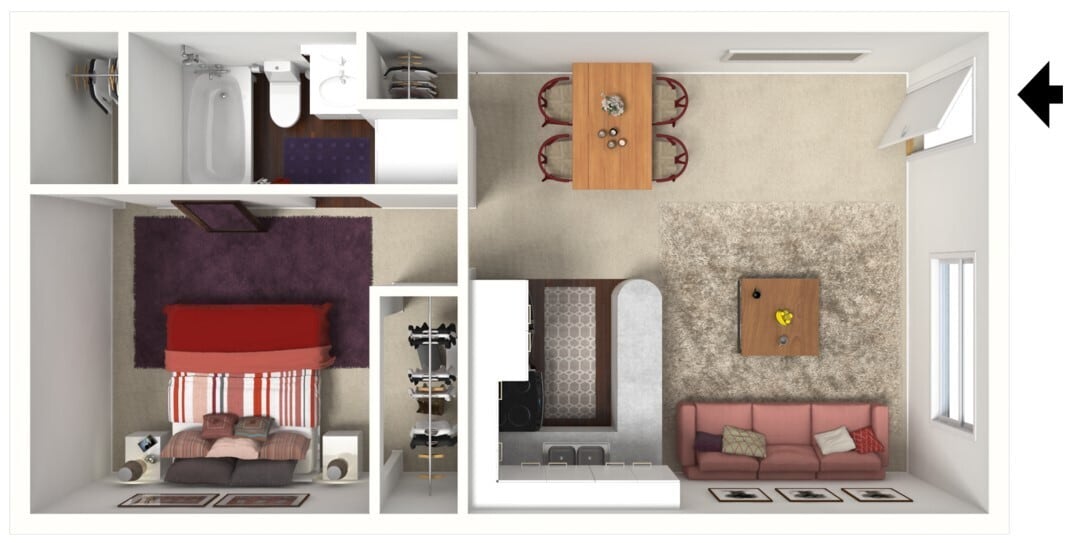 Village Green - 1B1B - Cypress 512 SF - 3D Furn.jpg - Cypress