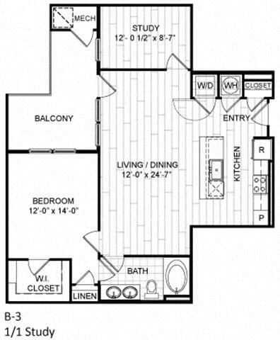 Floor Plan - 1 Bed, 1 Bath, Study - B3