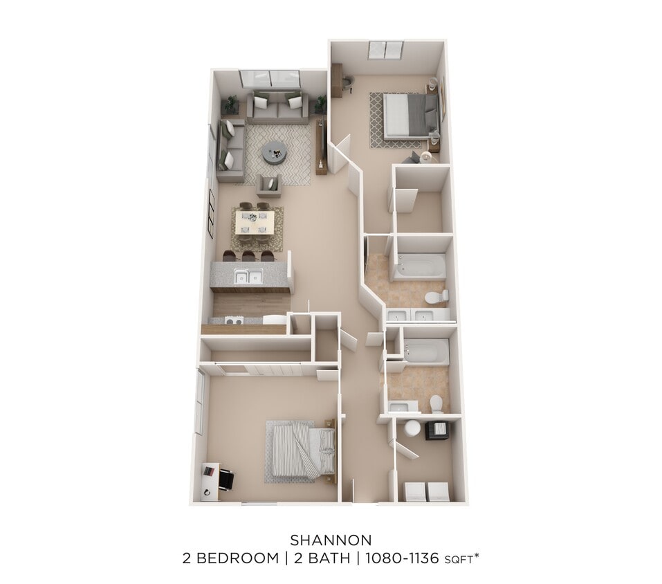 Floor Plan - Two Bedroom 2 Bath- 1104 sqft