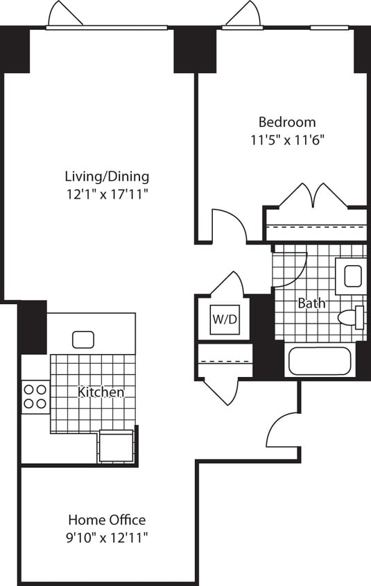 Floor Plan - 1 Bed with Office (North)