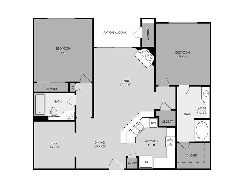 Floor Plan - 2 Bed, 2 Bath with Den C (Emerald Plan - Renovated