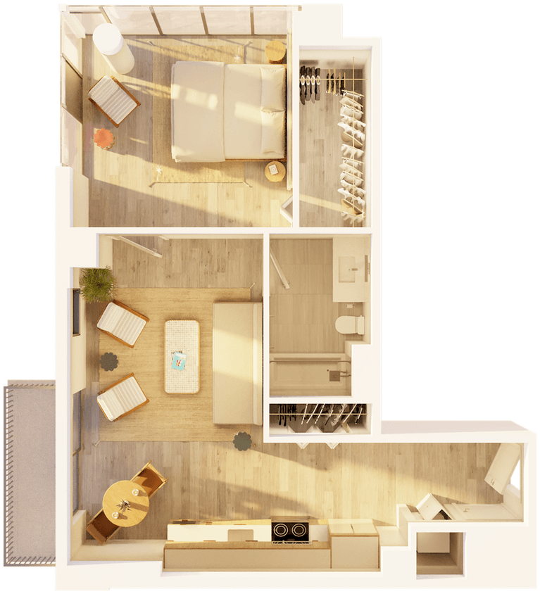 Floor Plan - West 1 BR Balcony Sunset C