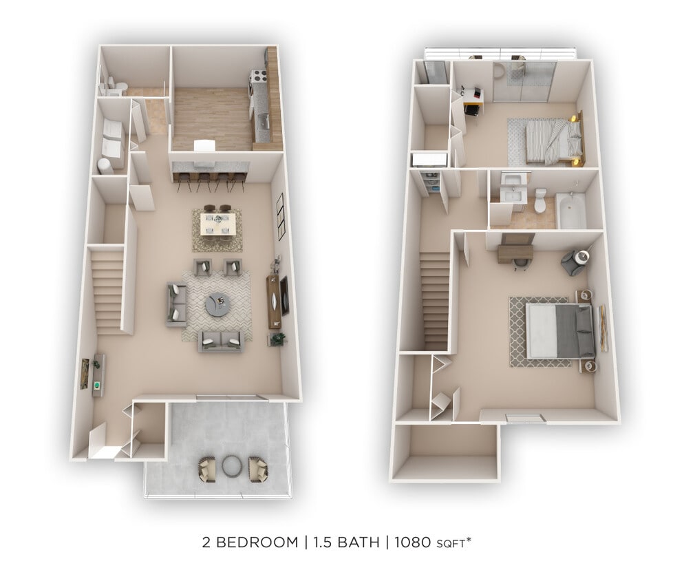 Floor Plan - Two Bedroom 1.5 Bath Townhome - 1,080 sqft