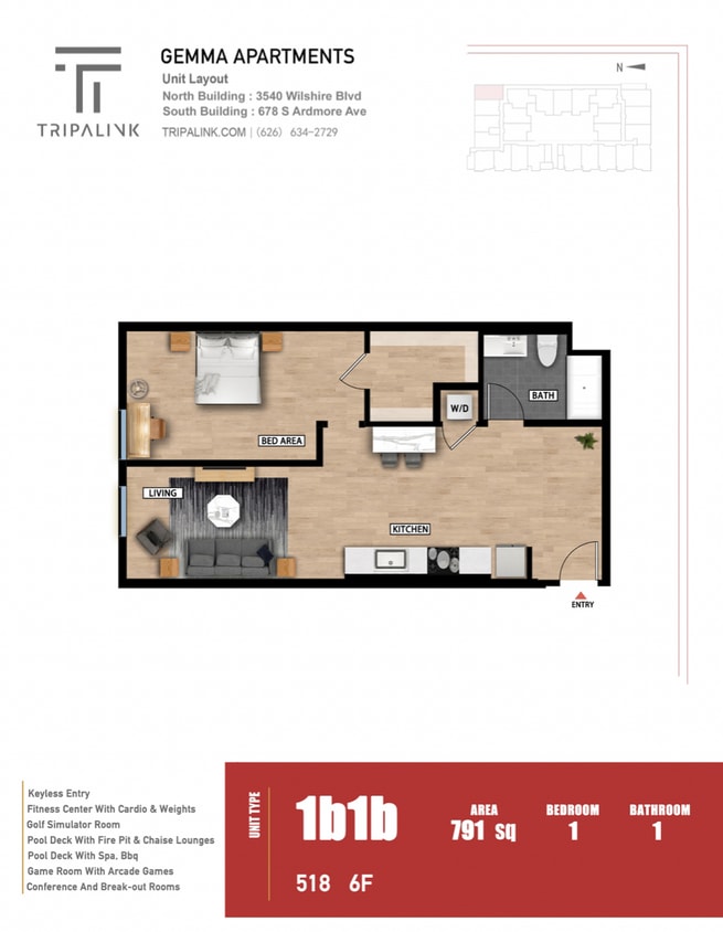 Floor Plan - 1 Bed 1 Bath - 791 sqft