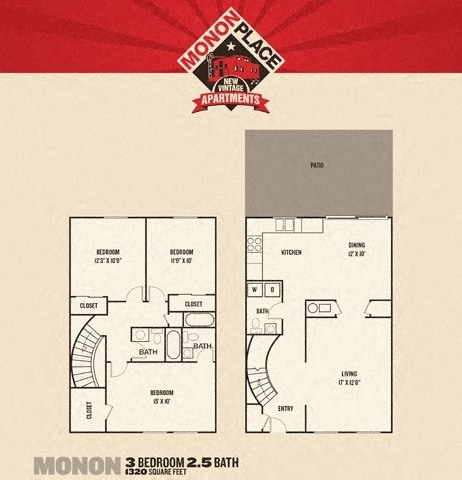 Floor Plan - Monon Place I  -  3 Bedroom Townhome