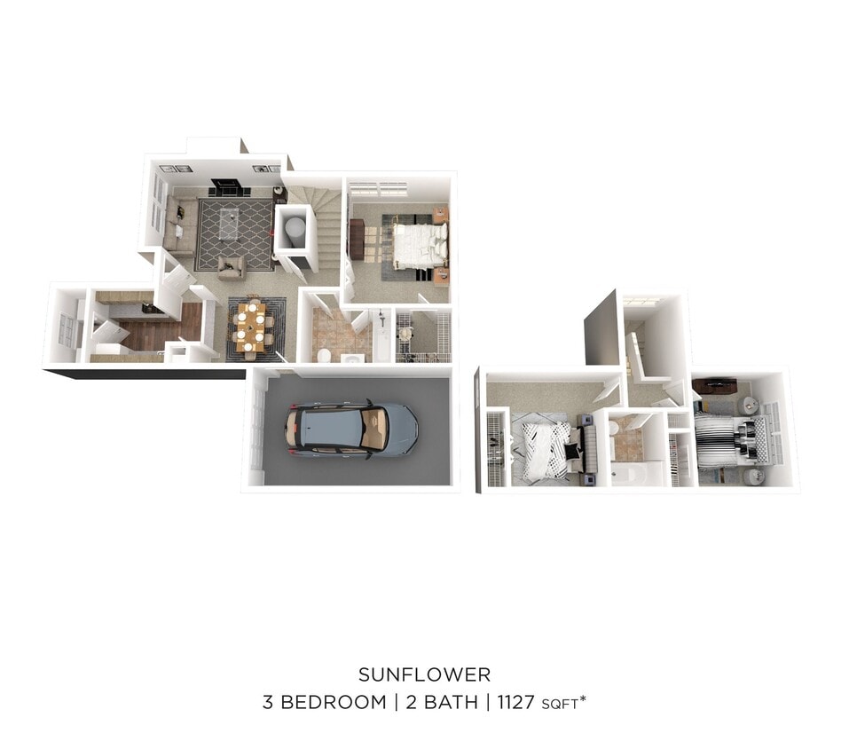 Floor Plan - Three Bedroom 2 Bath - 1,127 sqft