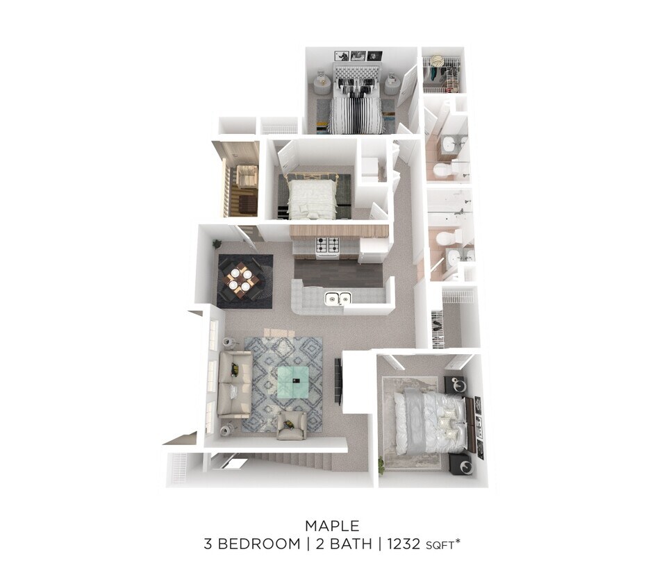 Floor Plan - Three Bedroom 2 Bath - 1,232 sqft