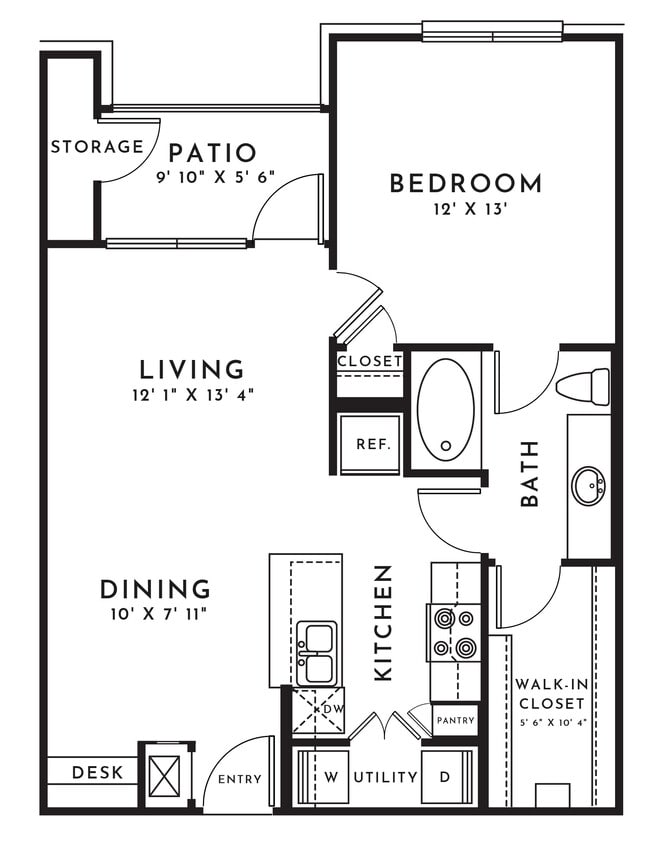 Floor Plan - 1BR 1BA (728 SF)