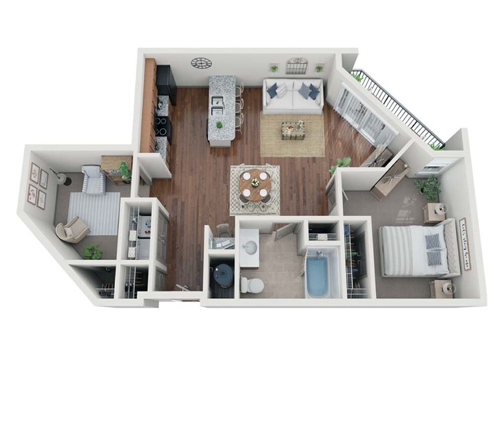The Seattle features a smart 1-bedroom, 1-bath layout with a bonus room, walk-in closet, and private patio. This modern apartment comes with high-end finishes like granite counters and wood-style flooring, providing a cozy yet functional living space. - The Seattle