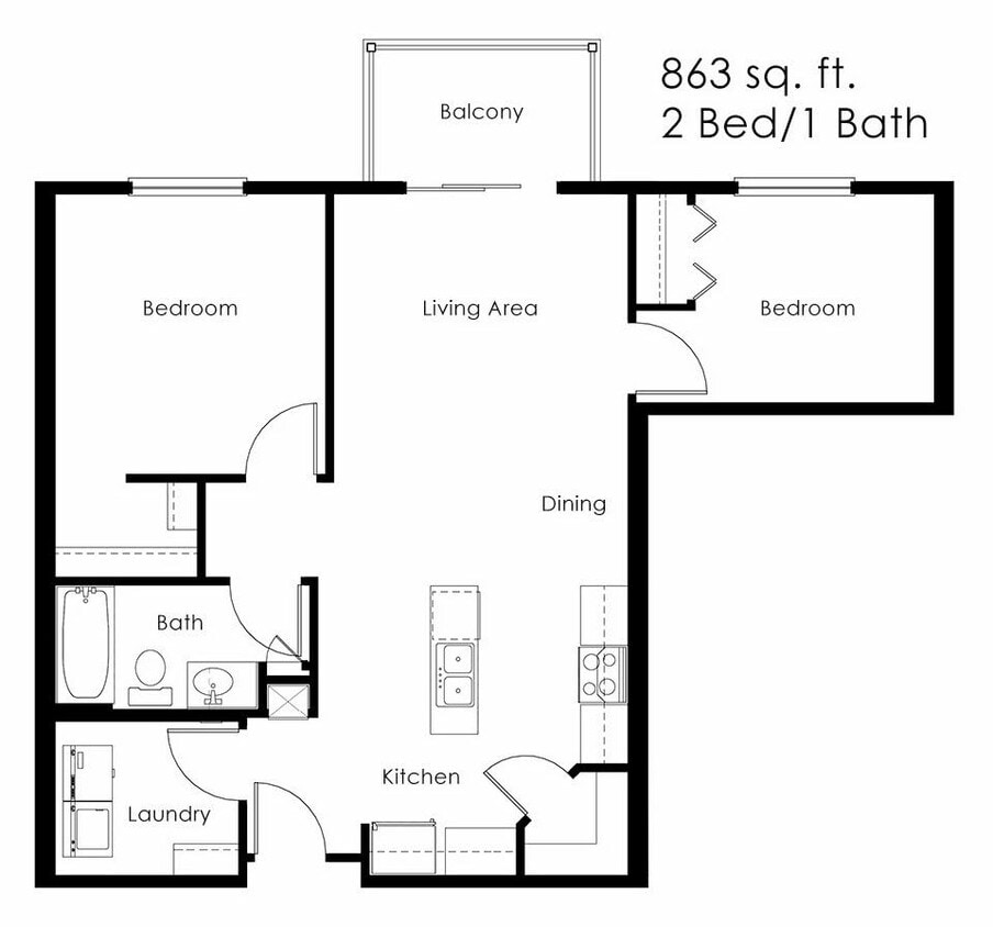 Floor Plan - 2 Bed 1 Bath | 866 sqft