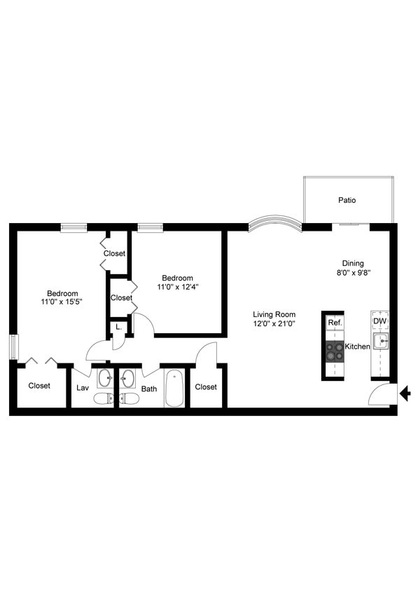 Floor Plan - 2 Bedroom, 1.5 Bath Apartment - Style B