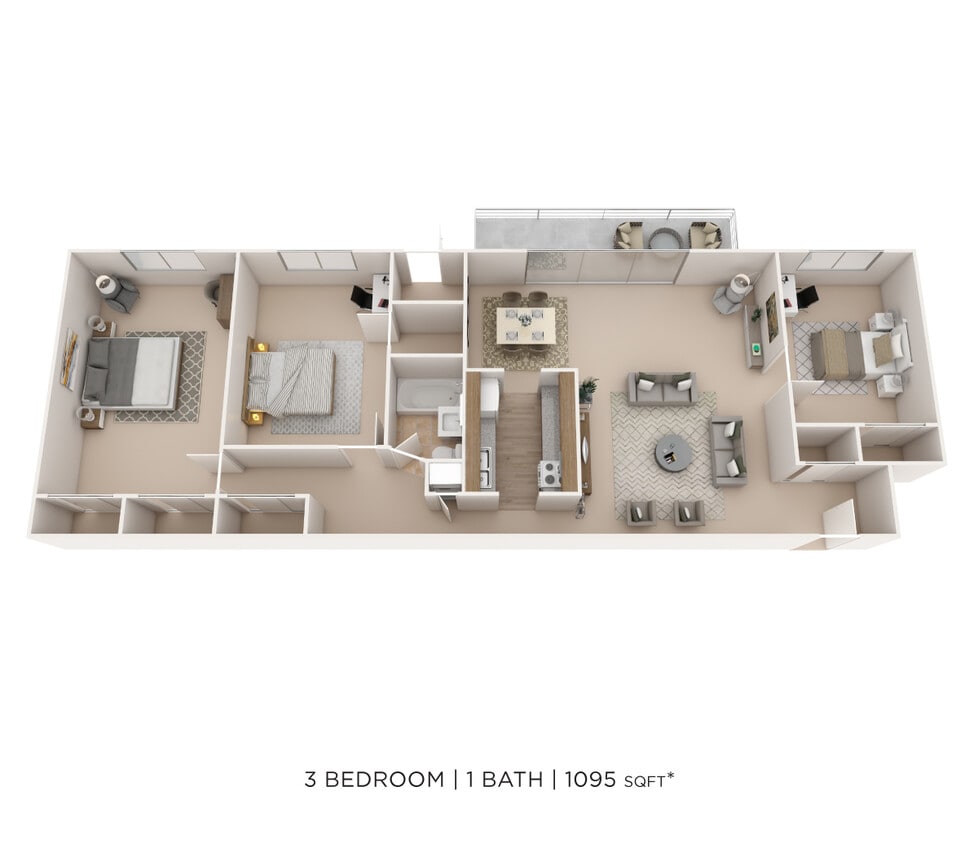 Floor Plan - Three Bedroom- 1,095 sqft