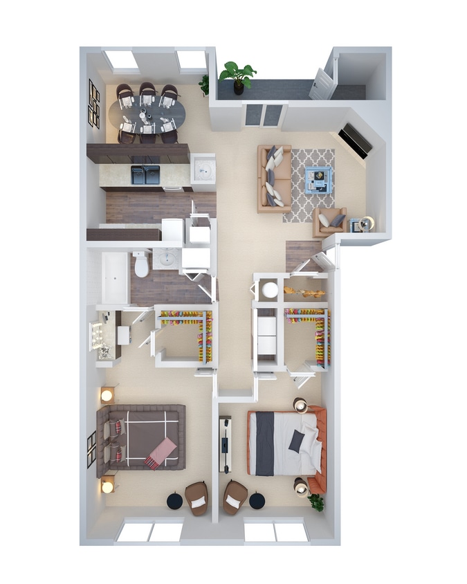 BR_3D_B4_966Sqft.jpg - 2 Bd 1 Bth 966 sf (b4)