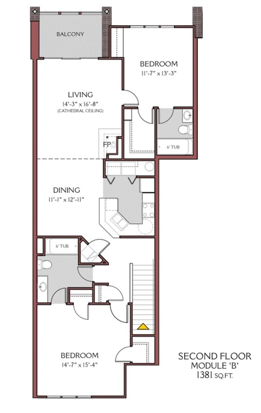 Floor Plan - 2 Bed/2 Bath - B (2nd floor) with Wood Floors