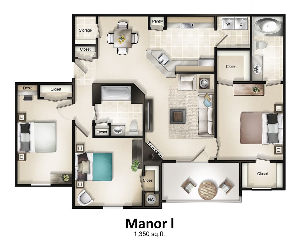 Floor Plan - 3 Bedroom 2 Bath with Balcony or Patio Manor Ho...