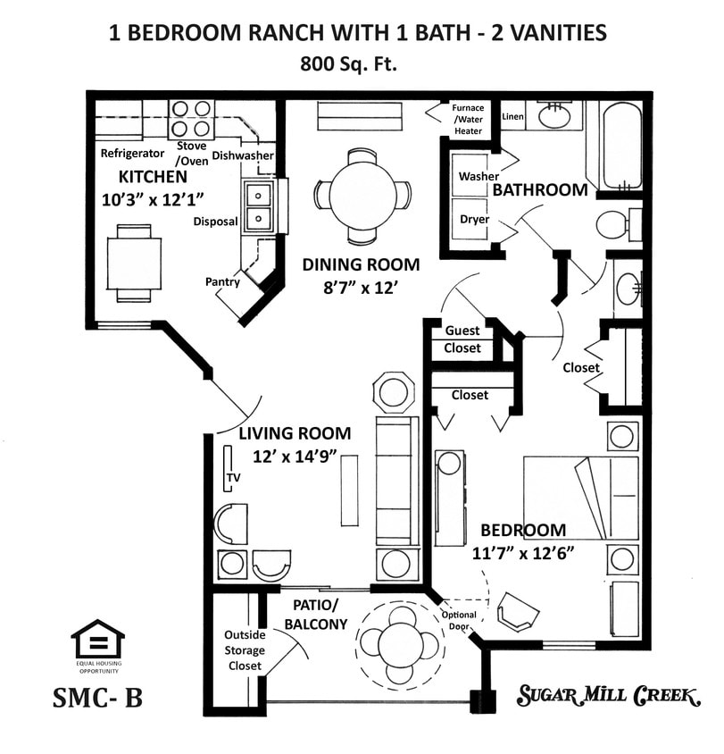 Floor Plan - B-1 Bedroom Ranch w/ 1 Bath & 2 Vanities