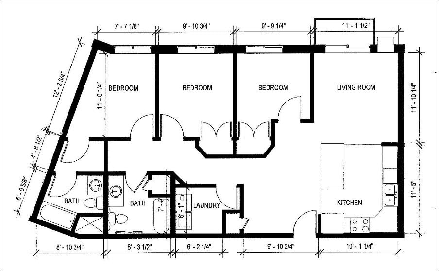 Floor Plan - 3 Bed/2 Bath | 1,038 SF