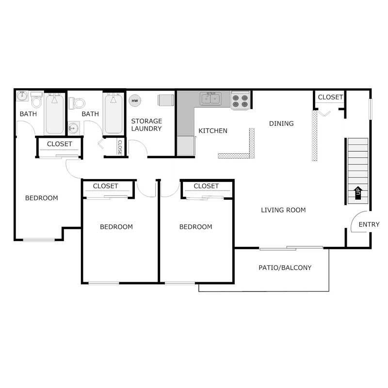Floor Plan - 3 Bedroom 2 Bathroom