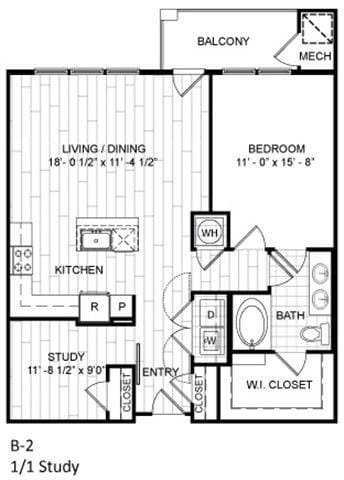 Floor Plan - 1 Bed, 1 Bath w Study -B2