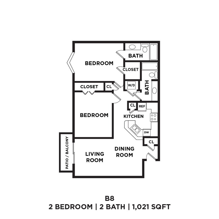 Floor Plan - Two Bed Two Bath 1021 Sqft