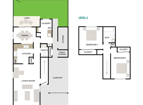 Floor Plan - Kaimana 2/1.5 1126sf Townhome