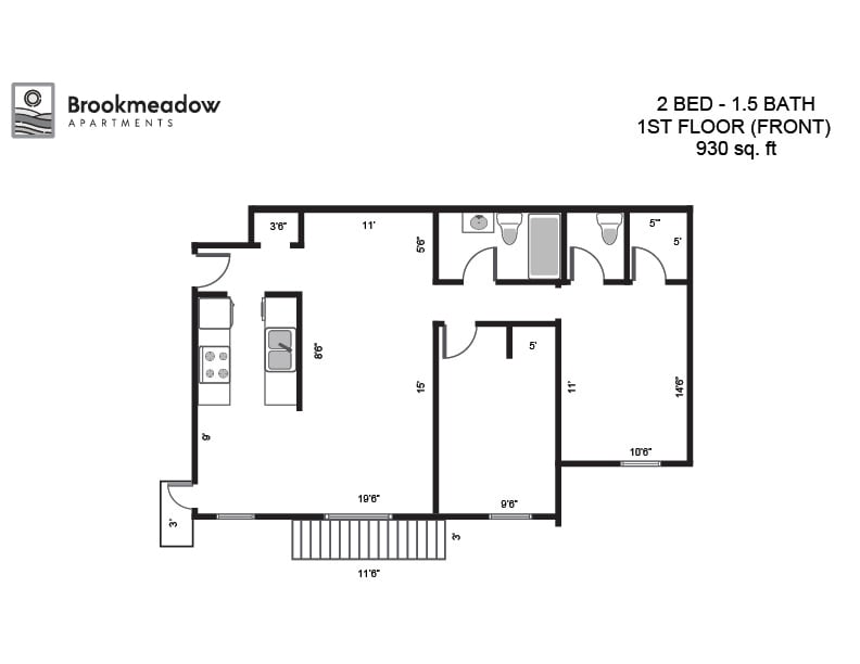 Floor Plan - 2 Bed, 1.5 Bath - 930 sq ft