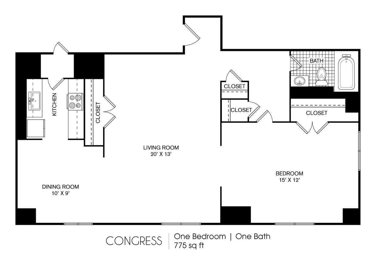 Floor Plan - Congress 1 Bedroom 1 Bath 745