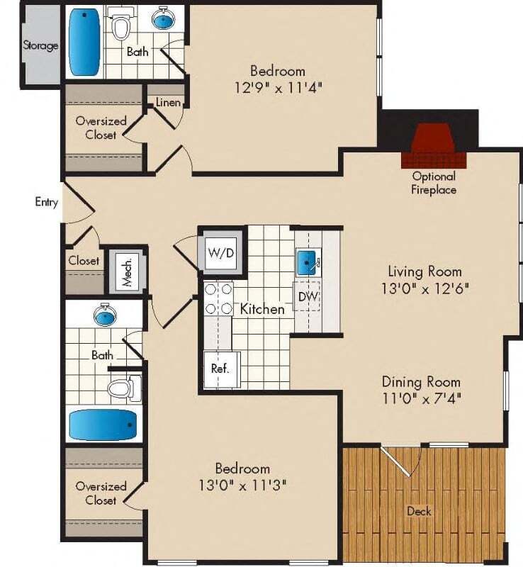 Floor Plan - 2 Bedroom/2 Bath - 1018 square feet