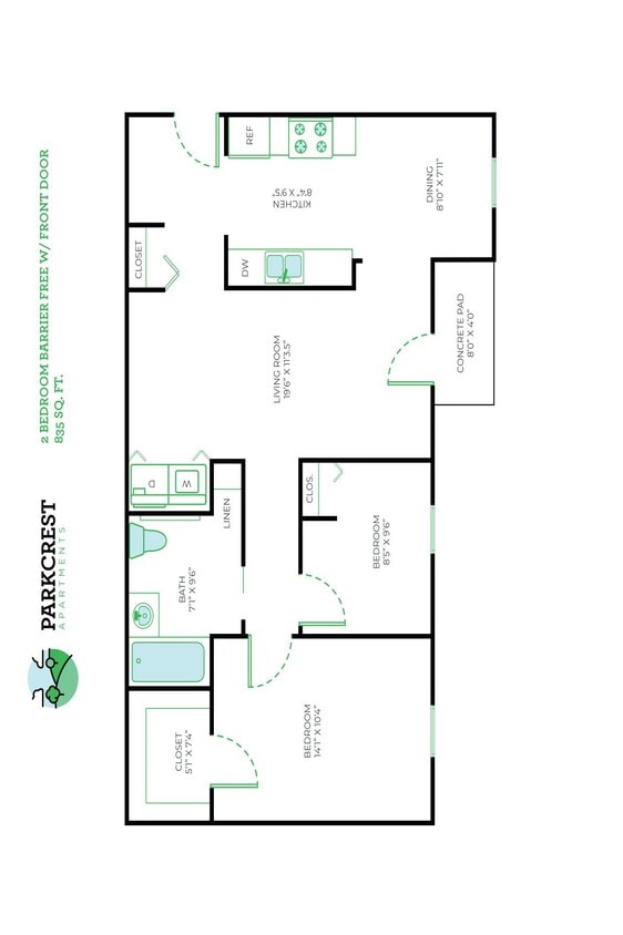 Floor Plan - 2 Bed, 1 Bath - 835 sq ft
